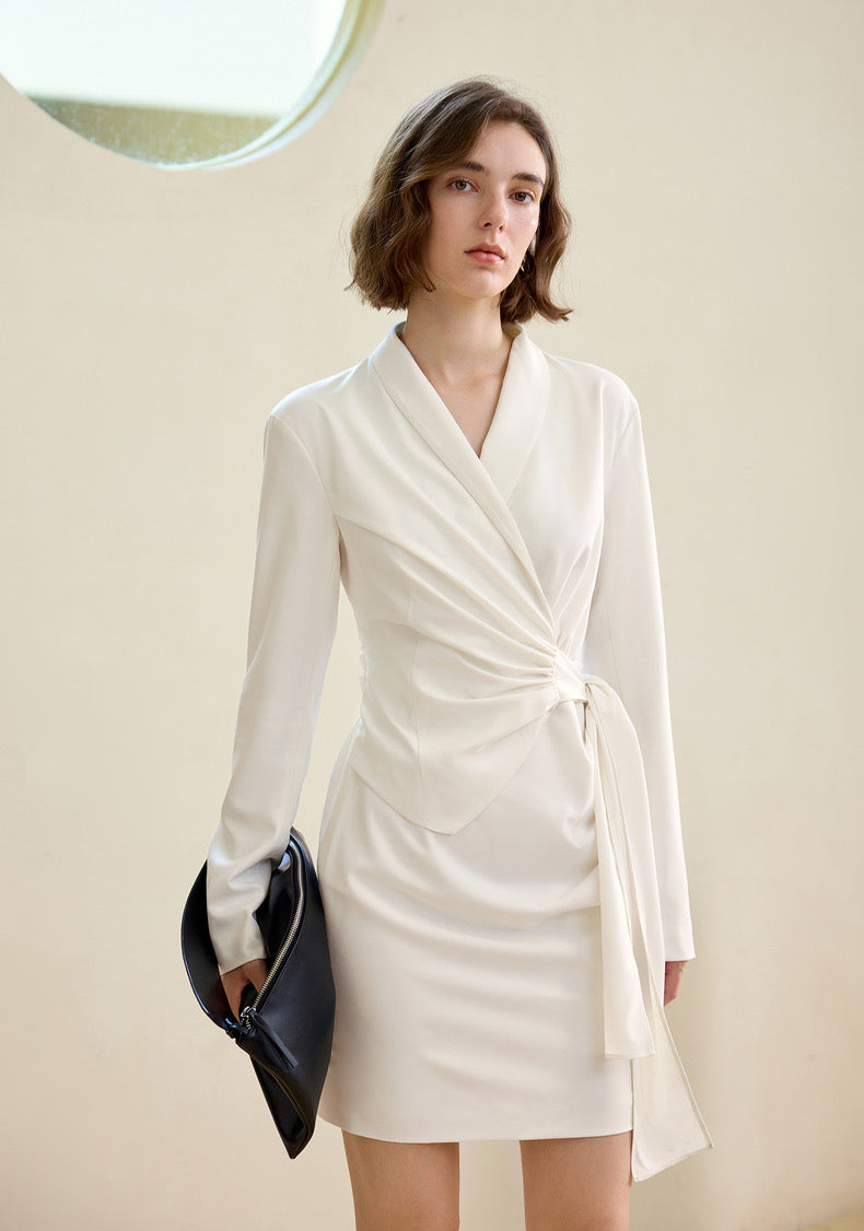 Gathered Wrap Suit Dress in White