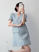 Load image into Gallery viewer, Tweed Pocket Shift Dress in Blue
