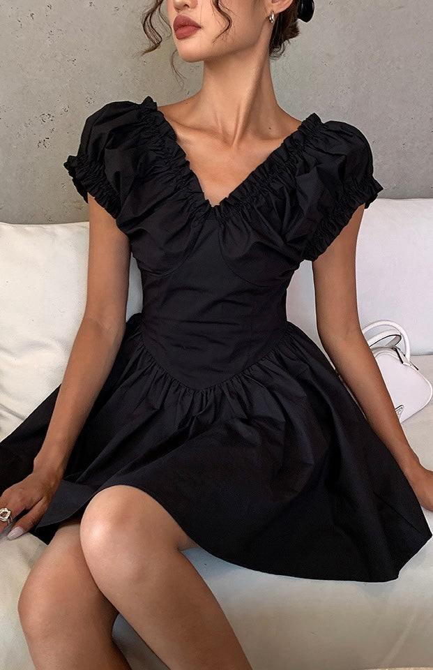 V Gathered Sleeve Mini Dress in Black