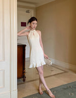 Load image into Gallery viewer, Floral Flute Hem Cheongsam Dress in Cream
