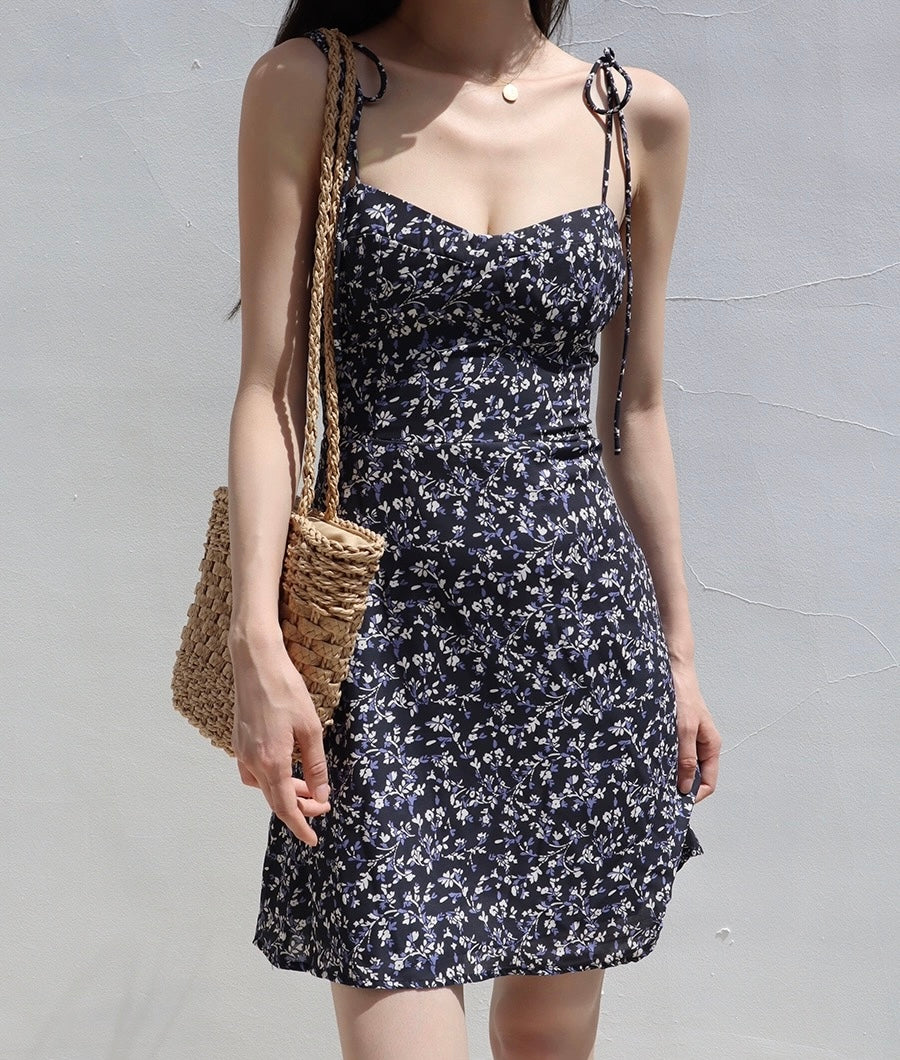 Admiral Floral Cami Tie Mini Dress in Navy