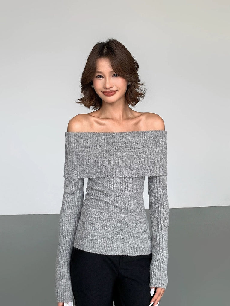 Off Shoulder Foldover Long Knit Top in Grey