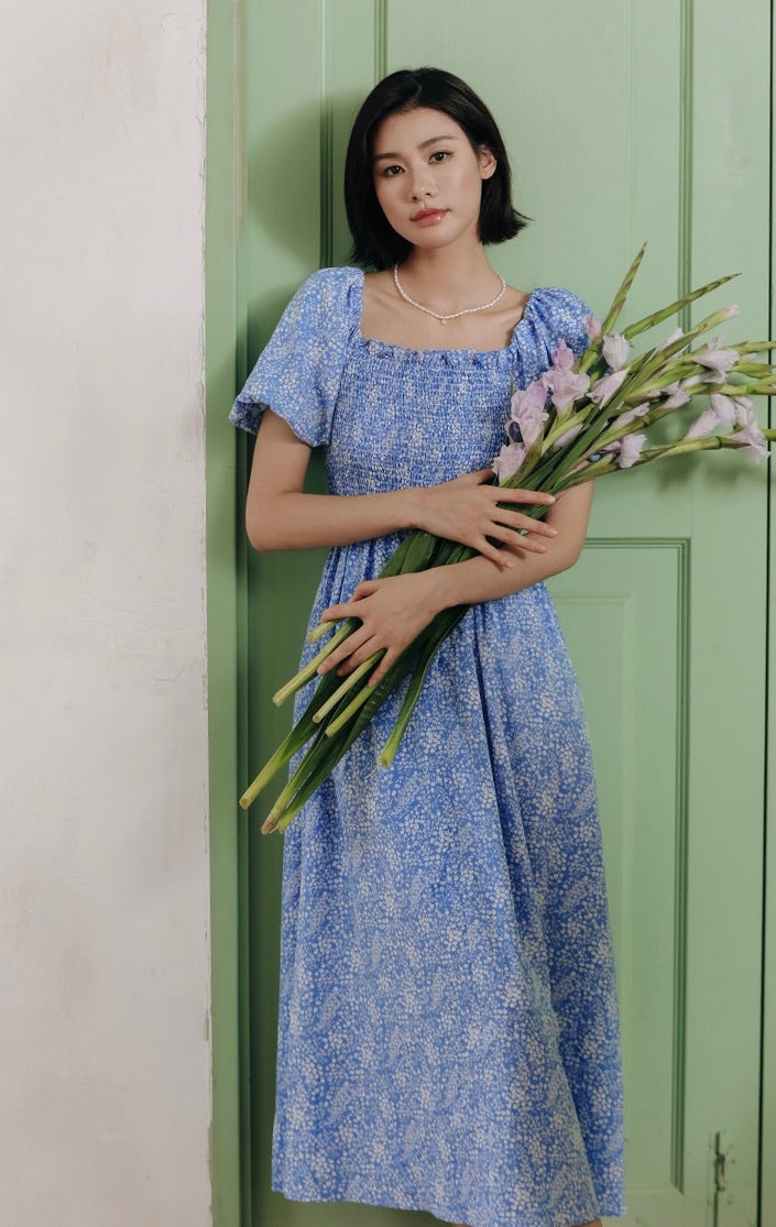 Off Shoulder Floral Blouson Dress in Blue