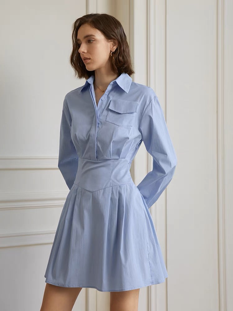 Long Sleeve Pocket Shirt Dress in Blue