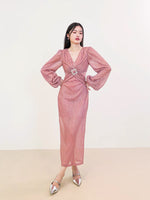 Load image into Gallery viewer, Textured Blouson Sleeve Midi Dress in Pink

