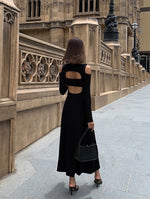 Load image into Gallery viewer, Long Sleeve Cutout Back Maxi Dress in Black
