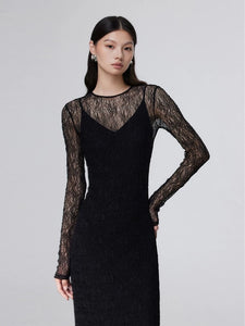 Sheer Lace Layer Dress in Black