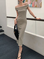 Load image into Gallery viewer, Off Shoulder Striped Midi Dress in Beige
