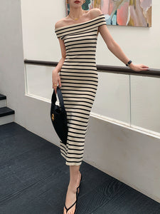 Off Shoulder Striped Midi Dress in Beige