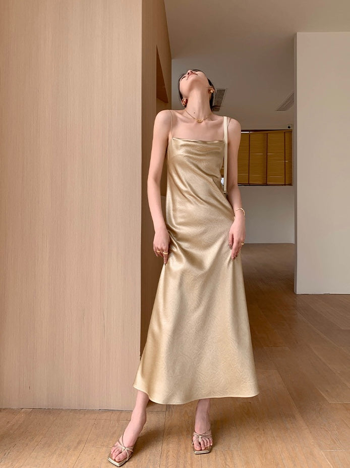 Textured Satin Slip Dress in Gold