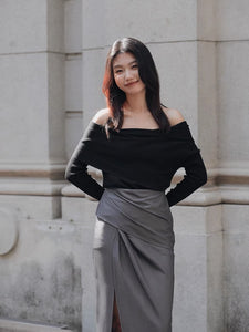 Asymmetric Wrap Slit Skirt in Grey