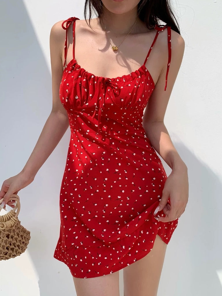 Poppie Floral Tie Strap Mini Dress in Red