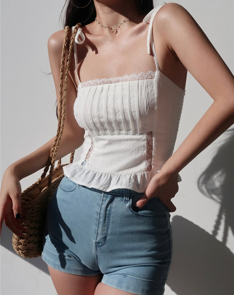 Lace Detail Tie Strap Top in White