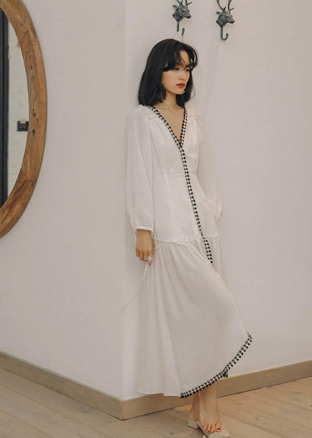 Blouson Sleeve Tassel Edge Maxi Dress in White