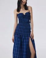 Load image into Gallery viewer, Checked Bustier Slit Dress in Blue- S
