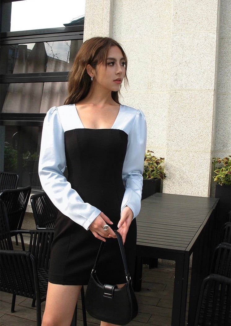 Tailored Duo Long Sleeve Mini Dress in Black