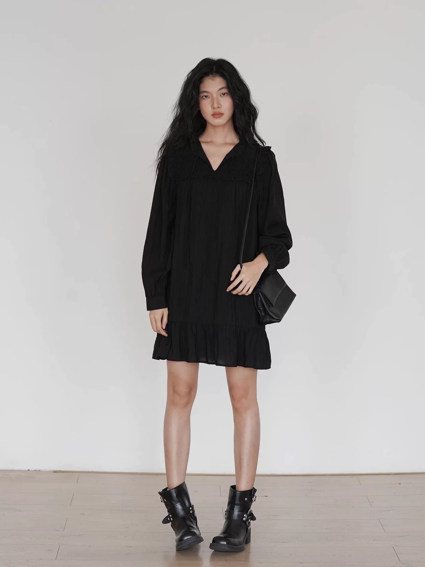 Relaxed Long Sleeve Slip Dress in Black