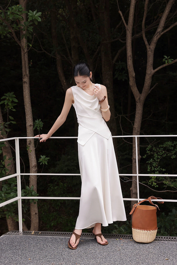 Satin Drape Wrap Top // Maxi Skirt in Cream