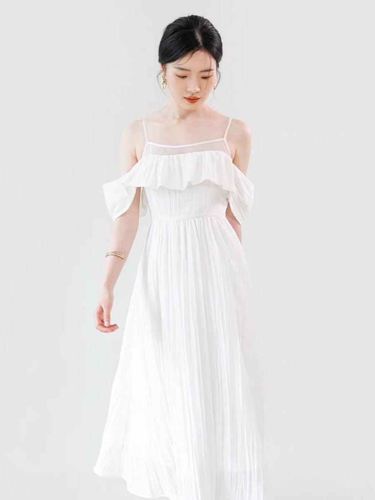 Crepe Off Shoulder Sleeve Pocket Dress in White