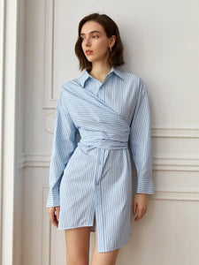 Long Sleeve Striped Wrap Shirt Dress in Blue