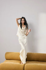 Load image into Gallery viewer, Satin Asymmetric Drape Top // Maxi Slip Skirt Set in Cream
