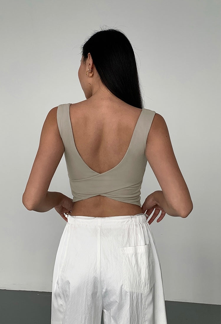 Padded Cross Over Low Back Top in White