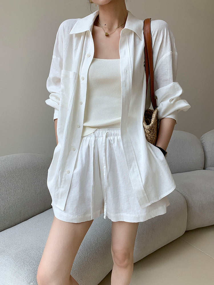 Cotton Linen Shirt + Shorts Set in White