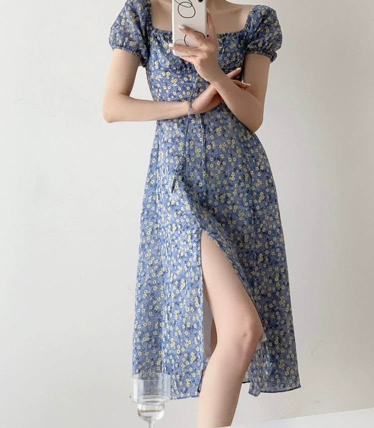 Floral Puff Sleeve Slit Dress in Blue