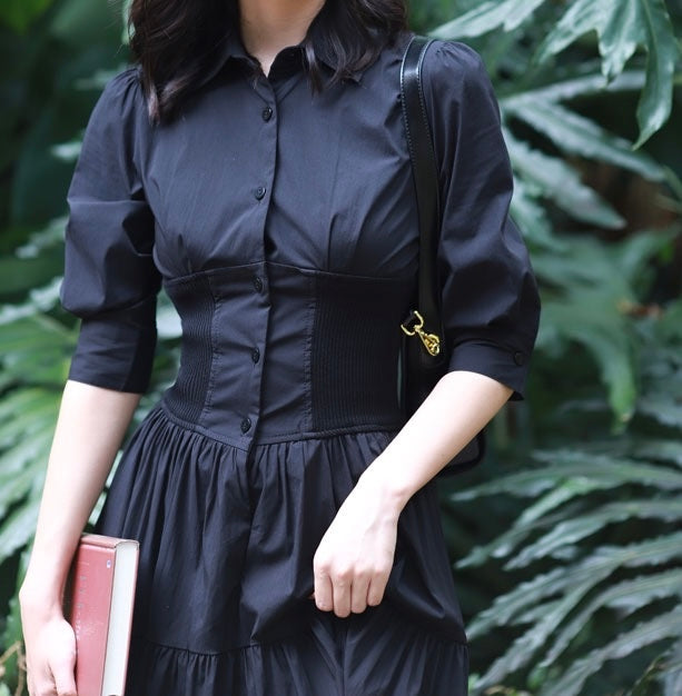 Corset Shirt Midi Dress in Black