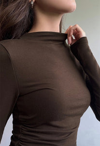 High Neck Cropped Shirring Long Sleeve Top in Brown