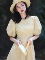 Load image into Gallery viewer, Checked Puff Sleeve Midi Dress in Yellow
