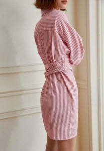 Long Sleeve Striped Wrap Shirt Dress in Pink