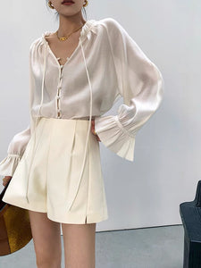Sheer Flute Sleeve Button Blouse in White