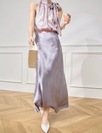 Load image into Gallery viewer, Satin Bow Top // Bias Cut Skirt in Purple
