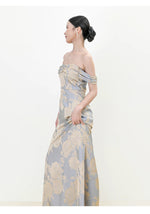 Load image into Gallery viewer, Off Shoulder Floral Gown in Blue/Gold
