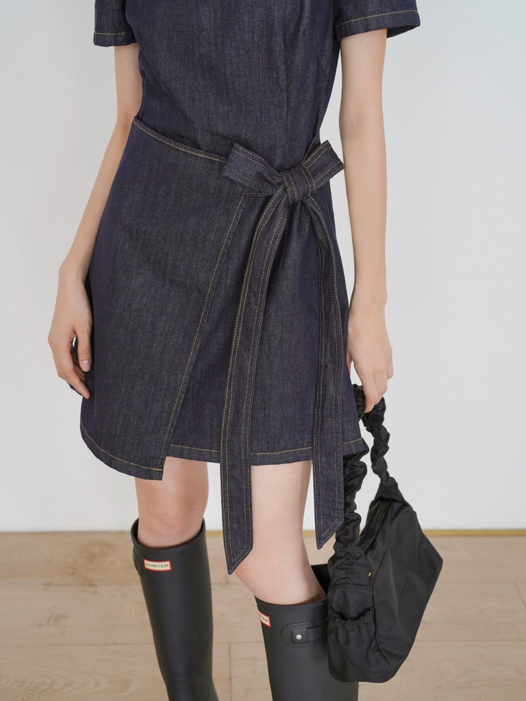 Denim Wrap Dress in Navy