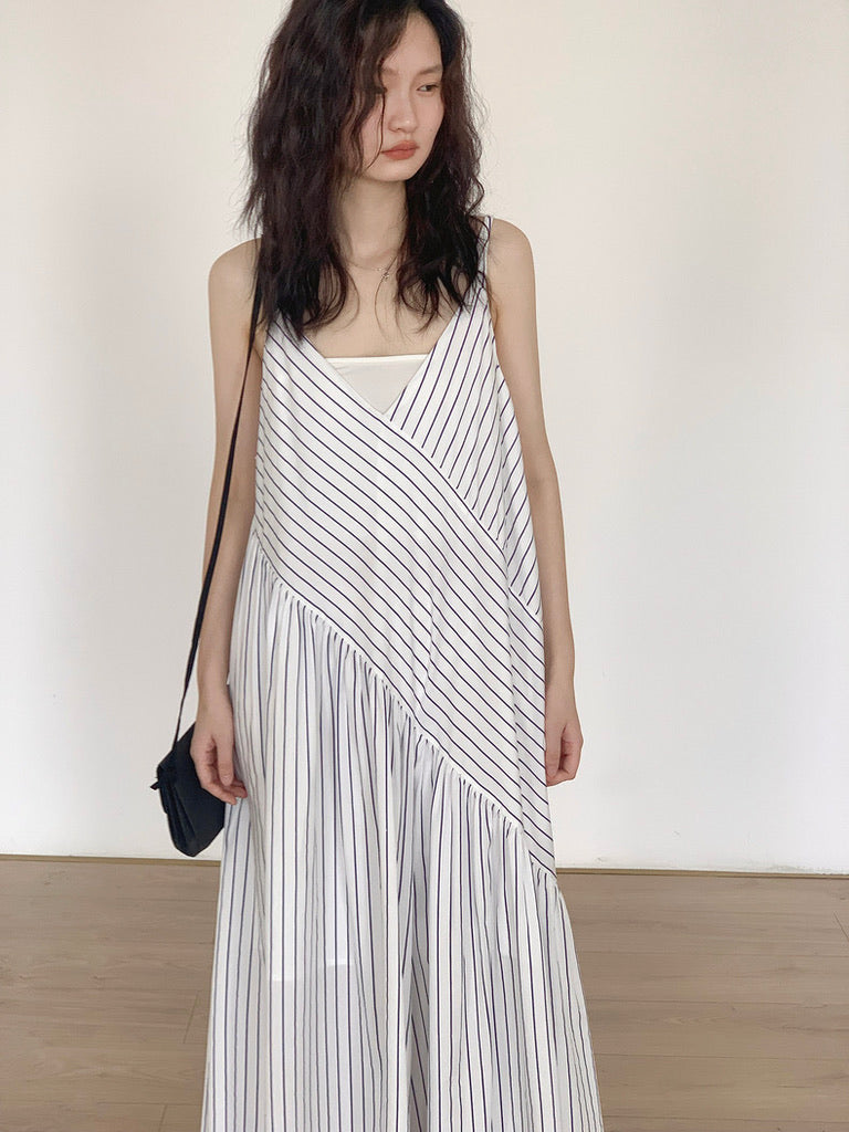 Striped Flare Cami Jumpsuit in White