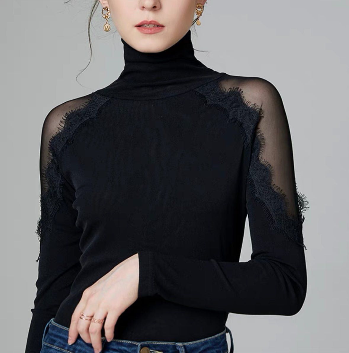 Sheer Lace Turtleneck Top in Black