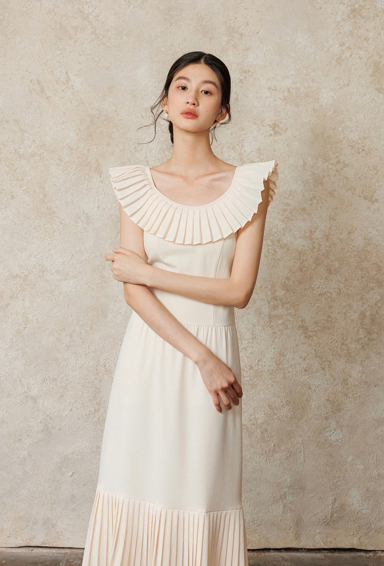 Tencel Blend Pleated Midi Dress in Cream