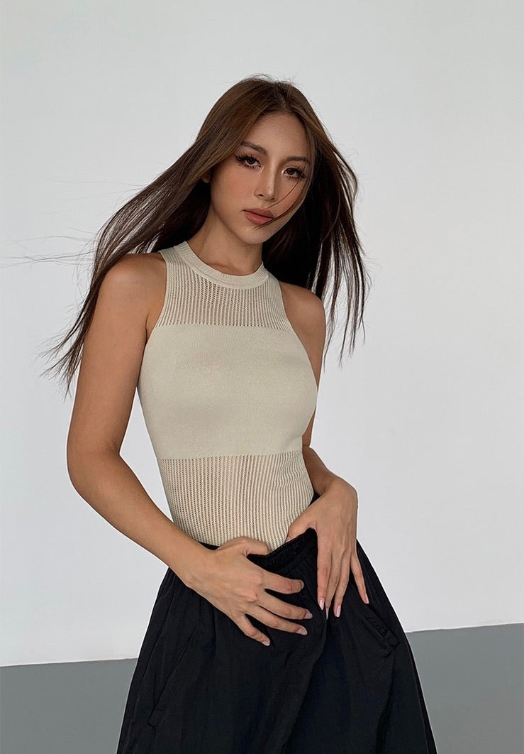 Knitted Panel Sleeveless Top in Cement