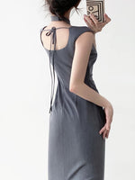 Load image into Gallery viewer, Tailored Gather Tie Back Dress in Grey
