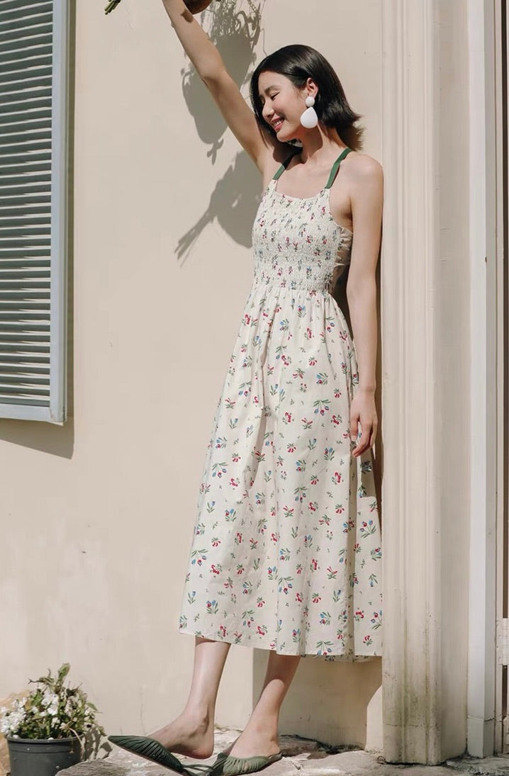 Floral Cross Tie Back Midi Dress in Cream