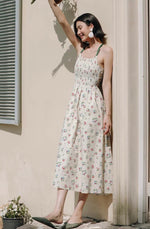 Load image into Gallery viewer, Floral Cross Tie Back Midi Dress in Cream
