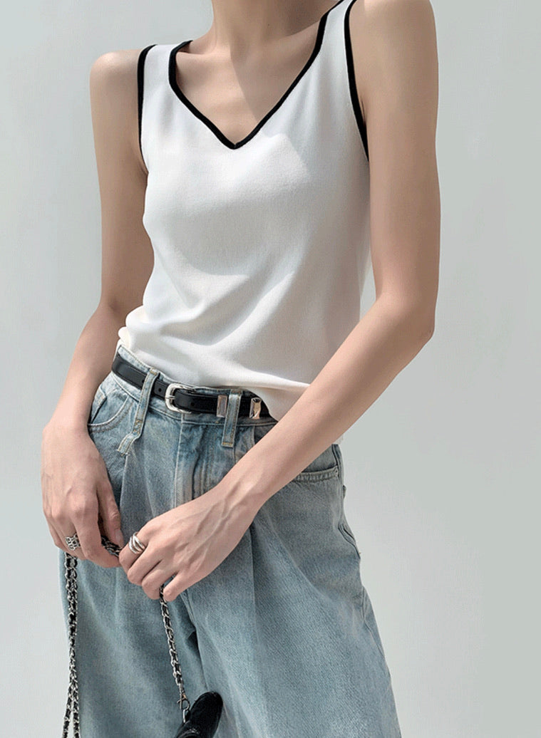 Contrast Edge Knit Tank Top in White