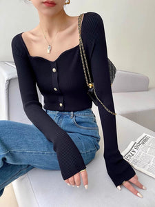 Sweetheart Button Knitted Long Top in Black