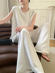 Overlap Top + Wide Leg Trousers Set in White