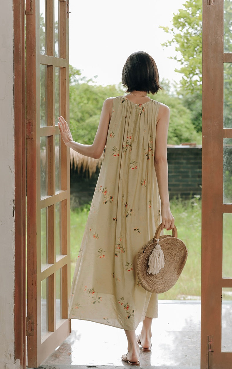 Floral Sleeveless Tent Dress in Beige