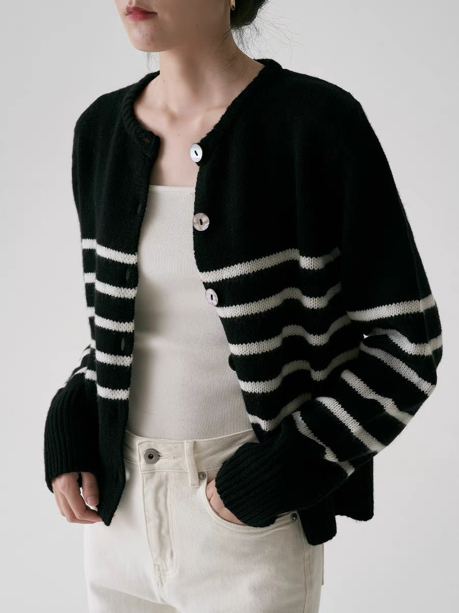 Mid Stripe Wool Cardigan in Black