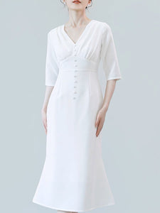 Tailored Button Mermaid Midi Dress in White
