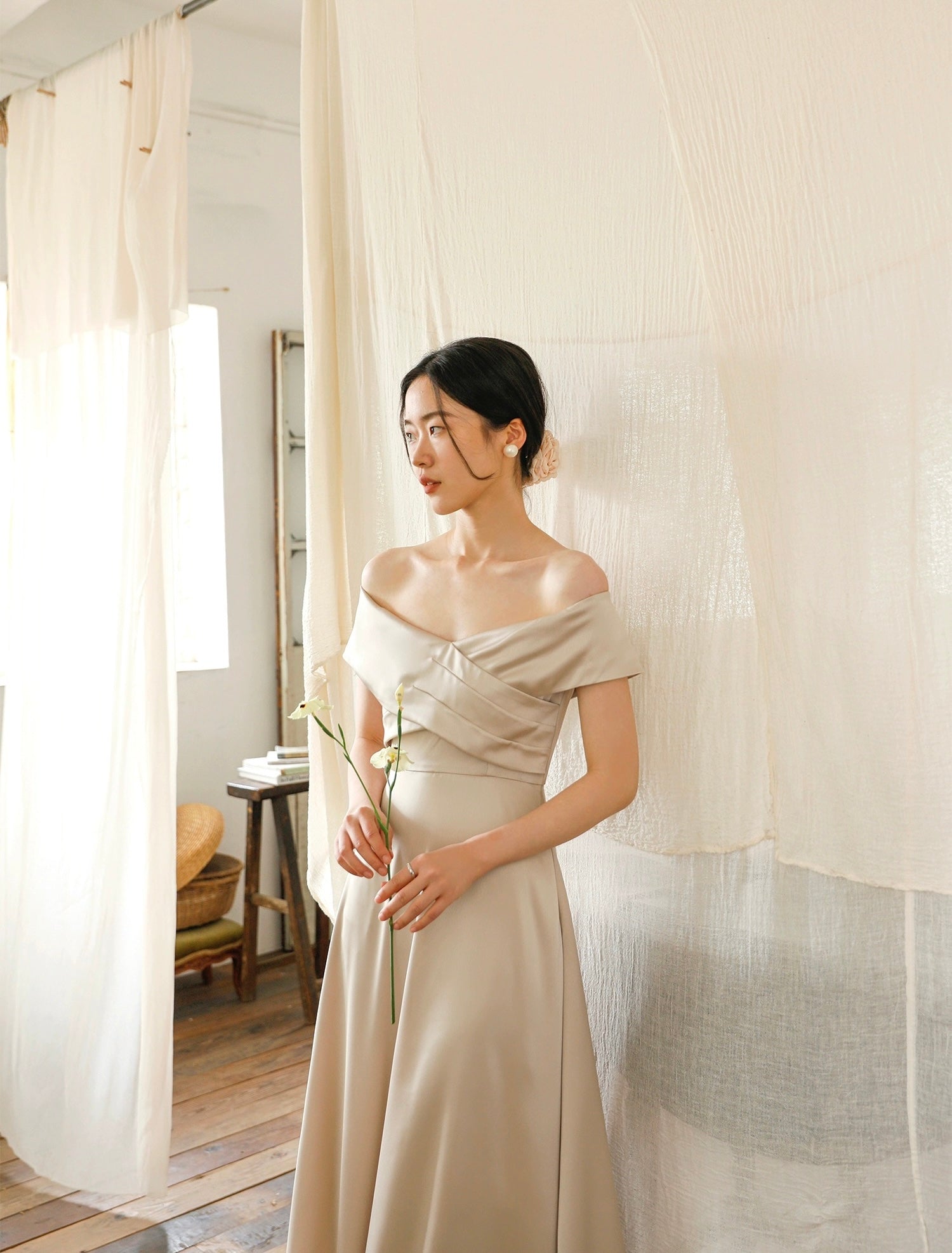 Off Shoulder Pleat Maxi Dress in Champagne